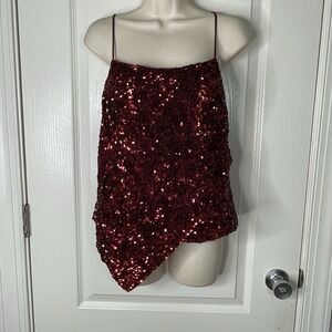 Vtg Cache Sequin Top Cami Large Silk Red Festival Going Out Asymmetric Party y2K